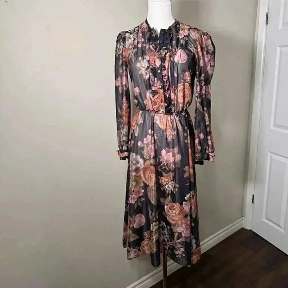 Vintage Floral Sheer Midi Dress Smocked Waist Puff Sleeves - Picture 2 of 8